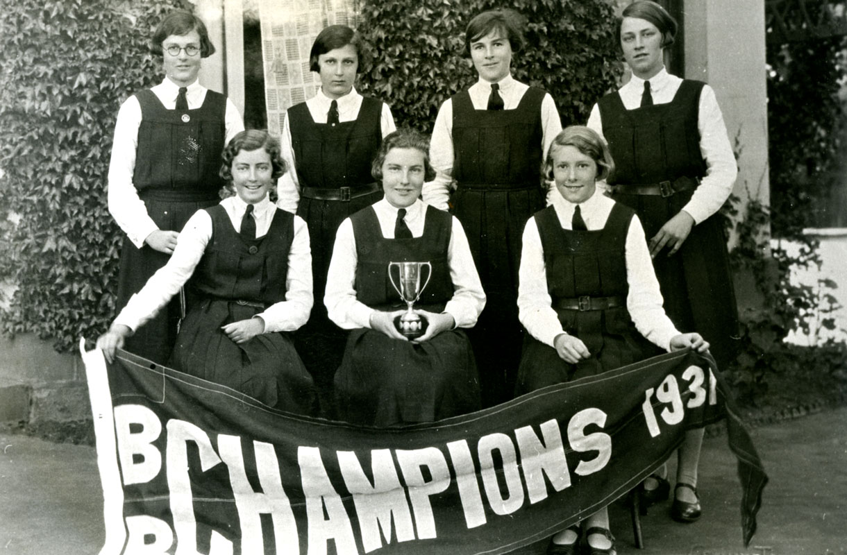 Black and white group photo of the Fintona basketball champions from 1931