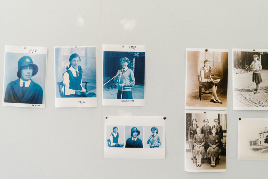 Old photographs of Fintona school students pinned to a felt board